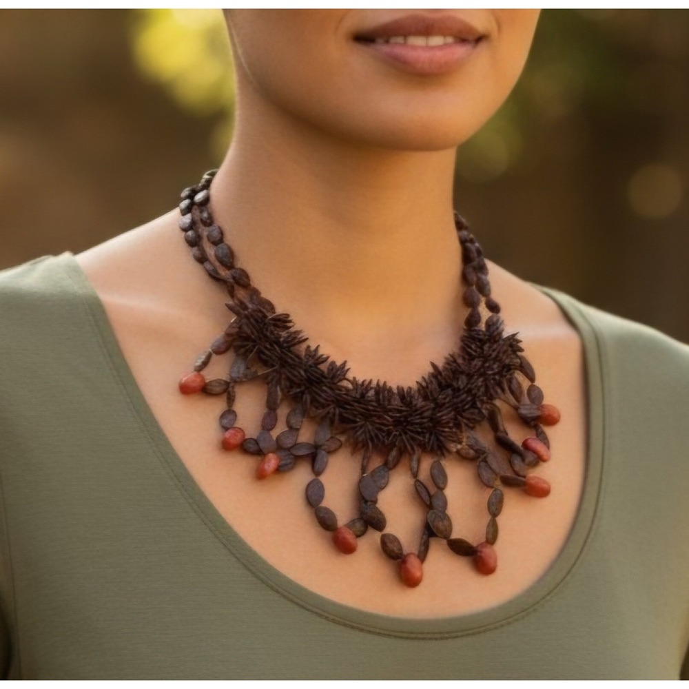 Vintage Seed Bib Necklace Boho Festival Fringe Floral Folk Art Natural Seed